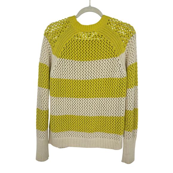 AllSaints Lou Mesh Womens Sweater Size S Striped Yellow White Open Knit Preppy - Picture 2 of 9